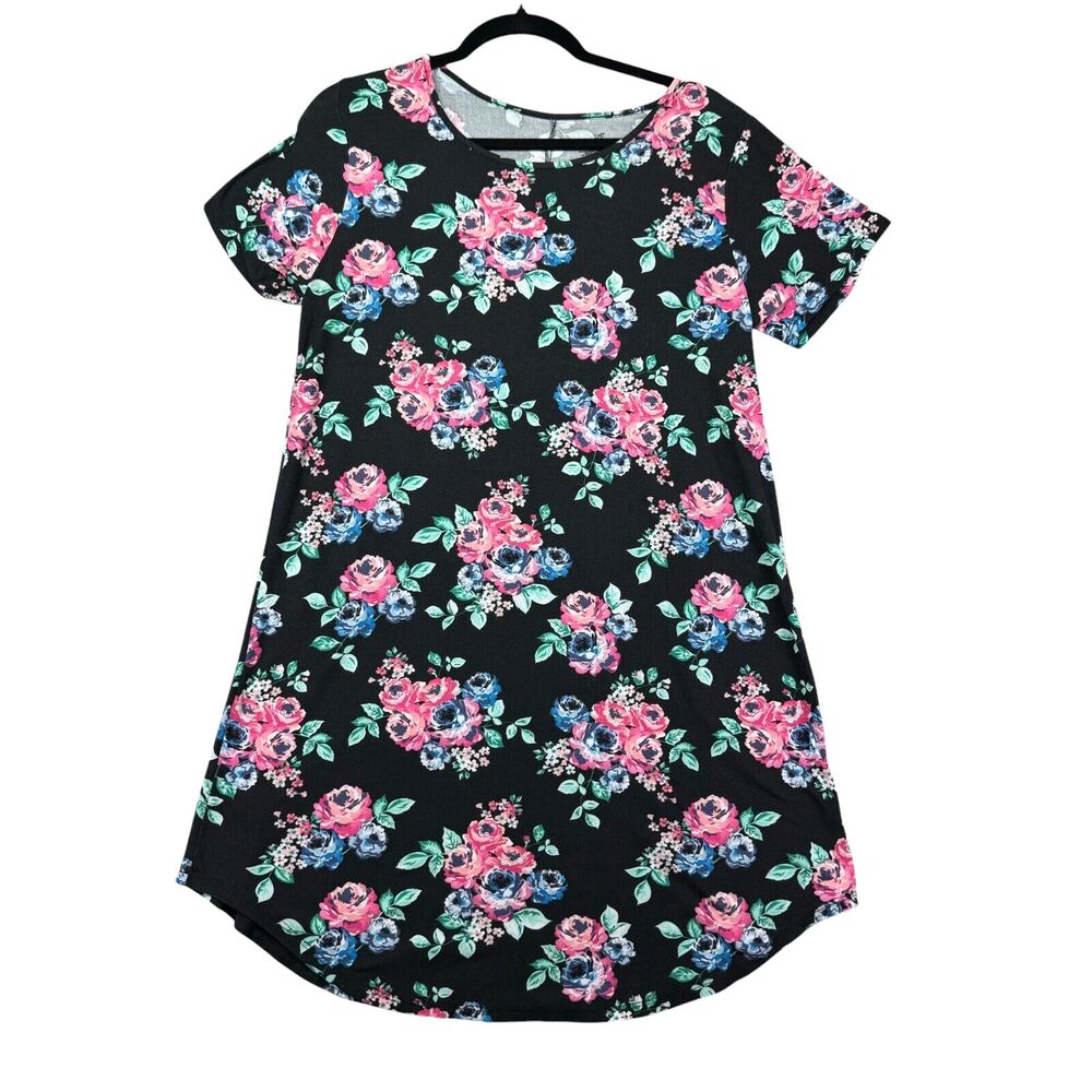 Bobbie Brooks Dress Women's Large Black Floral Stretchy Comfy Soft Knee Length